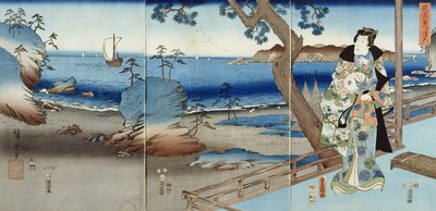 Il principe Genji osserva sulla spiaggia di Suma (trittico) da Utagawa  Hiroshige and Kunisada