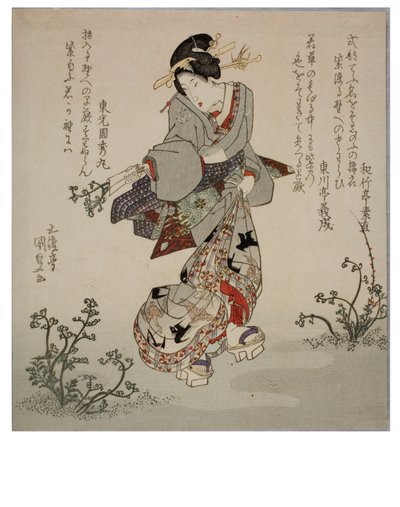 Una cortigiana che raccoglie germogli di felce, 1786-1864 circa (stampa xilografica su carta) da Utagawa (1786-1865) Kunisada