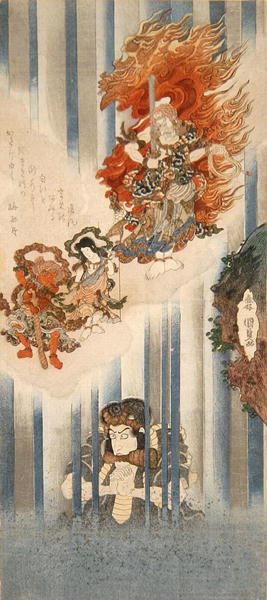 Attori Ichikawa Danjuro VII come Mongaku e Matsumoto Koshiro V come Fudo-myoo (in alto) da Utagawa Kunisada