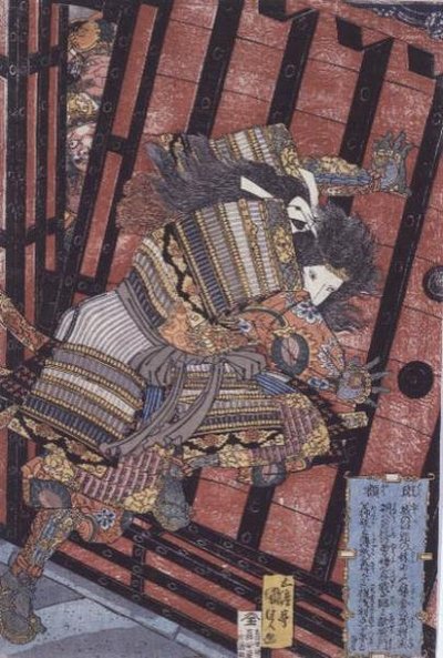 Hangaku difende il cancello, c.1830 da Utagawa Kunisada