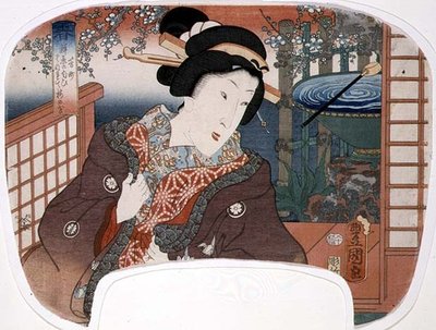 Primavera, Yoshi-cho; Una geisha in un giardino, disegno per un ventaglio da un set di quattro che illustrano le stagioni da Utagawa Kunisada