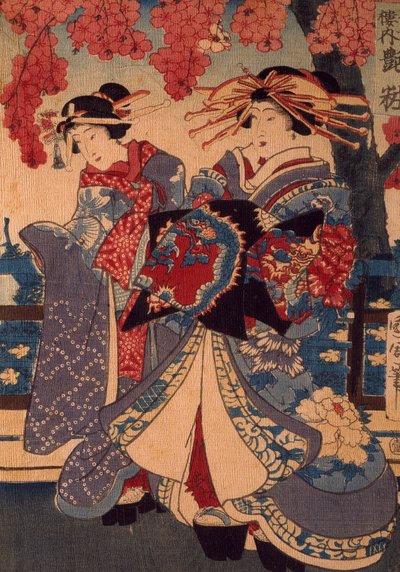 Due donne in un giardino fiorito, di Utagawa Kunisada, xilografia, tecnica crepon da Utagawa Kunisada