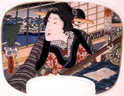 Inverno, Stagno di Shinobazu; Una Geisha che Pratica una Ballata, disegno per un ventaglio da un set di quattro che illustrano le stagioni da Utagawa Kunisada