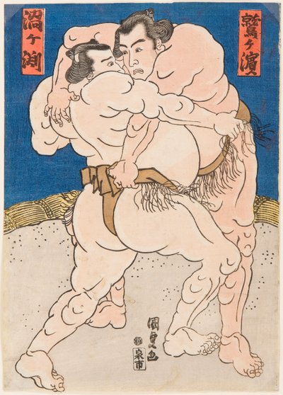 Combattimento dei lottatori di sumo Uzugafuchi e Washigahama da Utagawa Kunisada