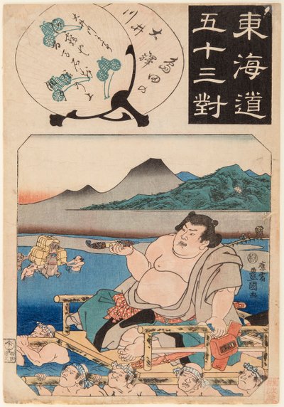 Il fiume Oi attraversato da un lottatore di sumo seduto su una sedia a portantina da Utagawa Kunisada
