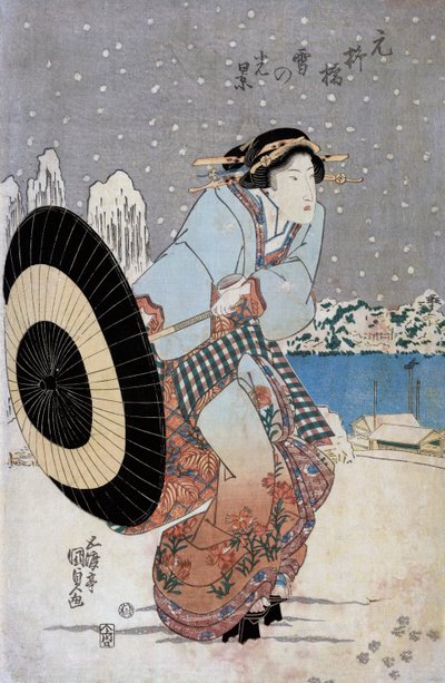 Scena di neve notturna al ponte Motonoyanagi, c.1825 da Utagawa Kunisada