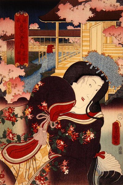 Hana-no-en bansho Katsuragi Genji mitate hakkei no uchi (Banchetto dei fiori, Campana della sera: Katsuragi), c.1808-58 da Utagawa Kunisada