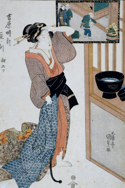 Ora della tigre, settima ora del mattino, ca 1818, xilografia Ukiyo-e di Utagawa Kunisada (1786-1865) da Le dodici ore a Yoshiwara, xilografia Oban-tate-e, 37 x 24,9 cm, civiltà giapponese da Utagawa Kunisada