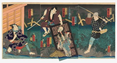 Seki Sanjūrō III come Naosuke Gonbei (R), Kataoka Nizaemon VIII come Tamiya Iemon (C) e Bandō Hikosaburō V come il Fantasma di Oiwa (Oiwa no bōrei) e il Fantasma di Kobotoke Kohei (Kobotoke Kohei bōrei) (C), e Bandō Hikosaburō V come Satō Yomoshichi (L) da Utagawa (1786 1865) Kunisada