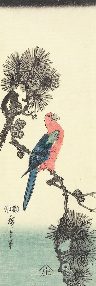 Pappagallo su albero di pino, 1847-1852 da Utagawa Hiroshige