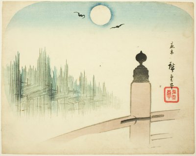 Una vista dei cantieri di legname da un ponte da Utagawa Hiroshige