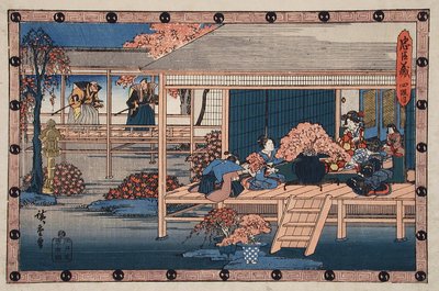 Atto IV: Inviati dello Shogun si avvicinano a Lady Kaoyo e al gruppo al castello di Enya, portando la sentenza di morte a Enya, Lady Kaoyo è circondata da fiori di ciliegio raccolti per rallegrare Enya durante la sua incarcerazione da Utagawa Hiroshige