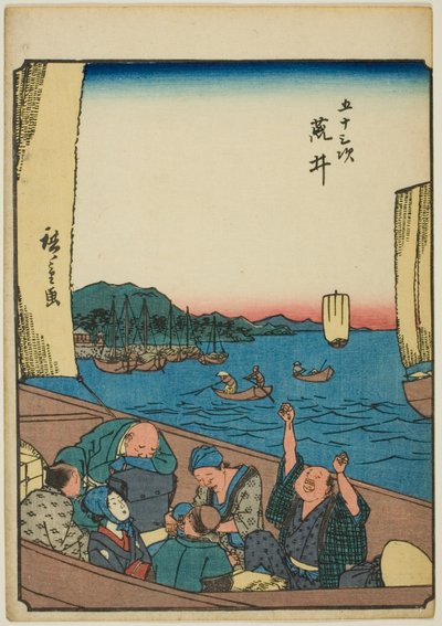 Arai, dalla serie "Le cinquantatré stazioni [del Tokaido] (Gojusan tsugi)," anche conosciuta come il Tokaido delle figure (Jinbutsu Tokaido) da Utagawa Hiroshige