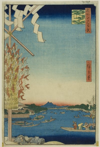 Fiume Asakusa, Grande argine, fiume Miyato (Asakusagawa Okawabata Miyatogawa), dalla serie "Cento vedute famose di Edo (Meisho Edo hyakkei)". da Utagawa Hiroshige