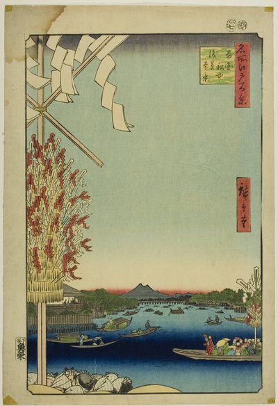 Fiume Asakusa, Grande argine, fiume Miyato (Asakusagawa Okawabata Miyatogawa), dalla serie "Cento vedute famose di Edo (Meisho Edo hyakkei)". da Utagawa Hiroshige