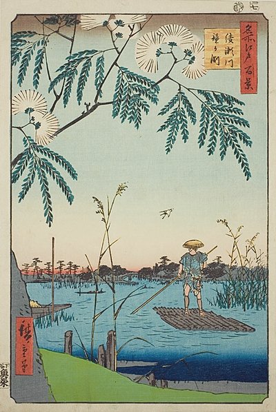 Fiume Ayase e Kanegafuchi (Ayasegawa Kanegafuchi), n. 63 della serie "Cento vedute famose di Edo (Meisho Edo hyakkei)". da Utagawa Hiroshige