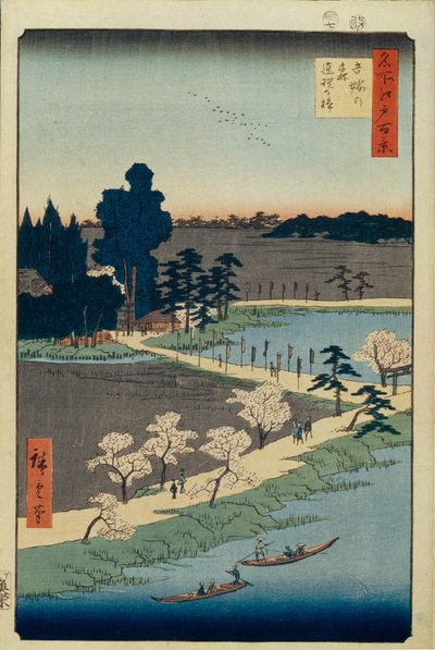 Santuario di Azuma no mori e il Canforo Intrecciato Cento Famosi Vedute di Edo da Utagawa Hiroshige