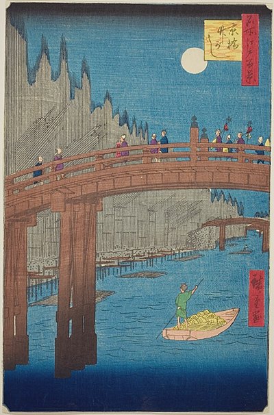 Cortili di bambù e ponte Kyo (Kyobashi Takegashi), n. 76 della serie "Cento vedute famose di Edo (Meisho Edo hyakkei)". da Utagawa Hiroshige