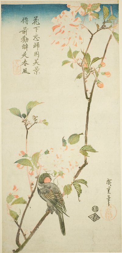 Cinciallegra su ramo di aronia da Utagawa Hiroshige