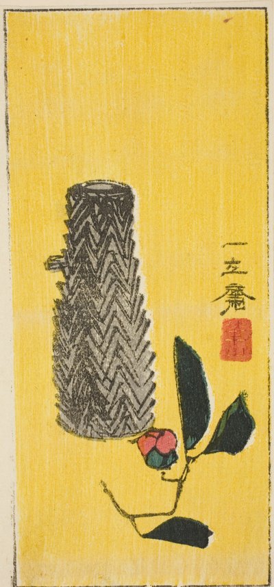 Camelia e cesto, sezione di un foglio harimaze senza titolo da Utagawa Hiroshige