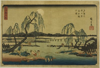Pesca di ayu nel fiume Tama sotto la luna d
