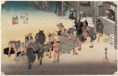 Cambio di portatori e cavalli, Fujieda, c. 1833 da Utagawa Hiroshige