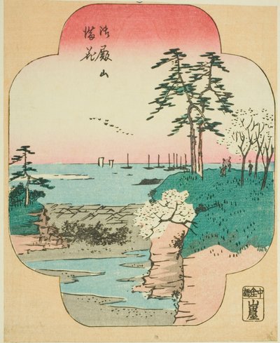 Fiori di ciliegio in piena fioritura a Goten Hill (Gotenyama manka), sezione di un foglio dalla serie "Immagini ritagliate di luoghi famosi di Edo (Edo meisho harimaze zue)" da Utagawa Hiroshige
