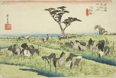 Chiryu: Mercato dei cavalli di inizio estate (Chiryu, shuka uma ichi), dalla serie "Le cinquantatré stazioni del Tokaido (Tokaido gojusan tsugi no uchi)", noto anche come Hoeido Tokaido da Utagawa Hiroshige