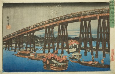 Rinfrescarsi al ponte Ryogoku (Ryogokubashi noryo), dalla serie "Luoghi famosi di Edo (Koto meisho)" da Utagawa Hiroshige