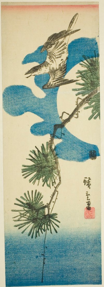 Cuculo, ramo di pino e luna piena da Utagawa Hiroshige