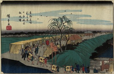 Alba sulla collina di Emonzaka a Nihon-zutsumi Bank, Shin-Yoshiwara, c. 1830 da Utagawa Hiroshige