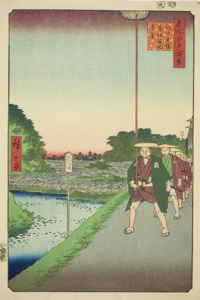 Vista lontana del serbatoio di Akasaka dalla collina di Kinokuni, dalla serie "Cento vedute famose di Edo" da Utagawa Hiroshige