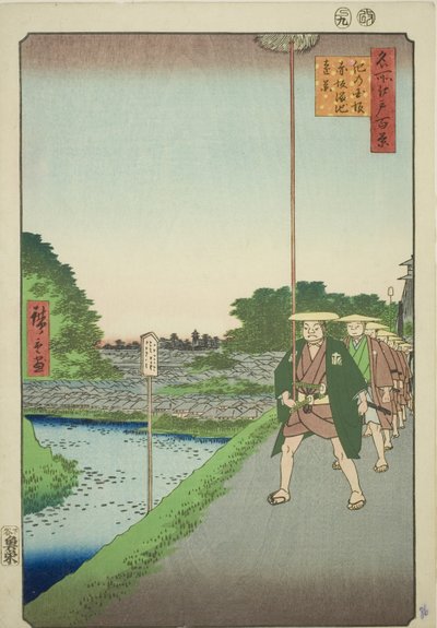 Vista lontana del serbatoio di Akasaka dalla salita di Kinokuni, dalla serie "Cento vedute famose di Edo" da Utagawa Hiroshige
