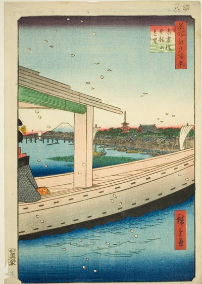 Vista lontana del ponte Azuma e del tempio Kinryuzan, dalla serie "Cento vedute famose di Edo" da Utagawa Hiroshige