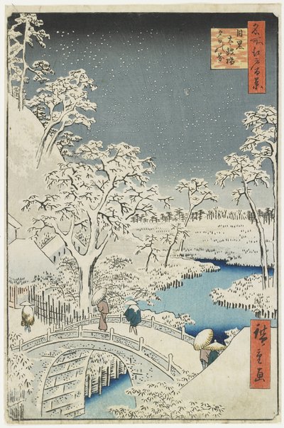Ponte del tamburo e collina del tramonto a Meguro, aprile 1856 da Utagawa Hiroshige