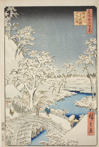 Ponte del tamburo e collina Yuhi a Meguro (Meguro Taikobashi Yuhi-no-oka), dalla serie "Cento vedute famose di Edo (Meisho Edo hyakkei)" da Utagawa Hiroshige