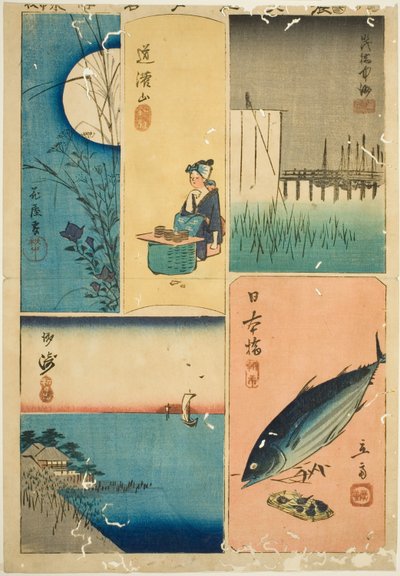 Ponte Eitai, Ponte Nihon, Susaki, Giardino dei fiori e Collina Dokan (Eitaibashi, Nihonbashi, Susaki, Hanayashiki, Dokanyama), dalla serie "Ritagli di luoghi famosi di Edo (Harimaze Koto meisho)" da Utagawa Hiroshige