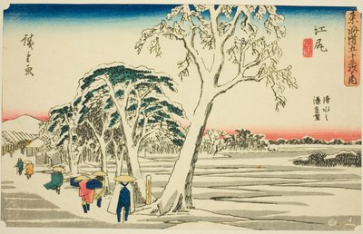 Ejiri: Vista lontana del porto di Shimizu con bel tempo dopo la nevicata (Ejiri, Shimizu no minato enbo, yukibare), dalla serie "Le cinquantatré stazioni del Tokaido (Tokaido gojusan tsugi no uchi)", conosciuta anche come Gyosho Tokaido da Utagawa Hiroshige