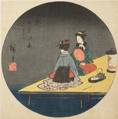 Godersi la frescura serale sul letto del fiume a Shijo a Kyoto, sezione del foglio n. 14 dalla serie "Ritagli per le Cinquantatré Stazioni (Gojusan tsugi harimaze)" da Utagawa Hiroshige