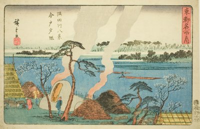 Bagliore serale a Imado, Otto vedute del fiume Sumida, dalla serie "Luoghi famosi della capitale orientale" da Utagawa Hiroshige