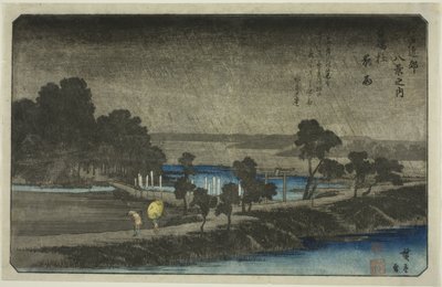 Pioggia Serale al Santuario di Azuma (Azuma no mori yau), dalla serie "Otto Vedute nei Dintorni di Edo (Edo Kinko hakkei no uchi)" da Utagawa Hiroshige