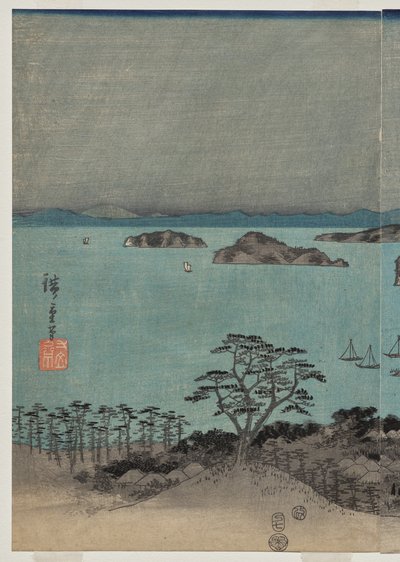 Veduta serale degli otto luoghi famosi vicino a Kanazawa sotto la luna piena nella provincia di Musashi da Utagawa Hiroshige