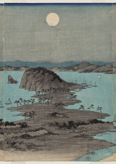 Veduta serale degli otto luoghi famosi vicino a Kanazawa sotto la luna piena nella provincia di Musashi da Utagawa Hiroshige