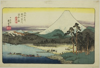 Traghetti che attraversano il fiume Fuji nella provincia di Suruga (Sunshu Fujikawa watashibune no zu), dalla serie "Luoghi famosi del Giappone (Honcho meisho)" da Utagawa Hiroshige