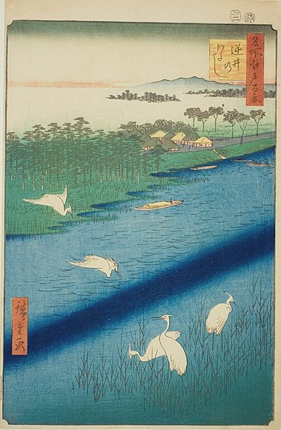 Attraversamento del traghetto a Sakasai (Sakasai no watashi), n. 67 della serie "Cento vedute famose di Edo (Meisho Edo hyakkei)". da Utagawa Hiroshige
