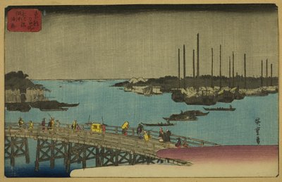Barche da pesca vicino al ponte Eitai nella baia di Tsukuda (Eitaibashi Tsukuda oki isaribune), dalla serie "Luoghi famosi nella capitale orientale (Toto meisho)" da Utagawa Hiroshige