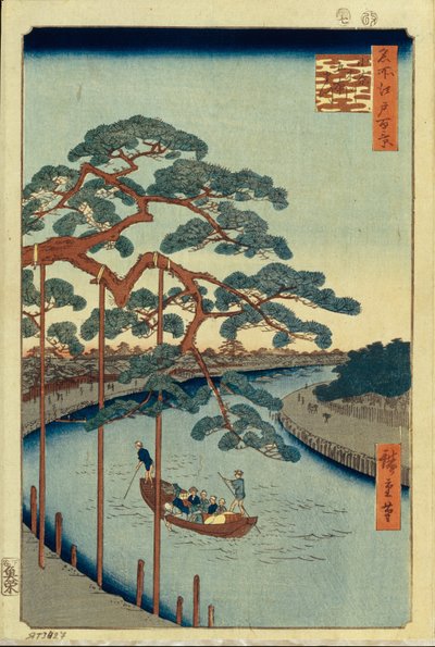 Cinque pini e il canale Onagi, Cento famosi vedute di Edo, 1856-1858 da Utagawa Hiroshige