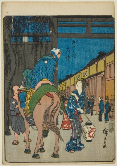 Fuchu, dalla serie "Le Cinquantatré Stazioni [del Tokaido] (Gojusan tsugi)," conosciuta anche come il Tokaido delle Figure (Jinbutsu Tokaido) da Utagawa Hiroshige