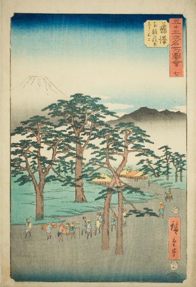 Fujisawa: Monte Fuji a sinistra dal boschetto di pini Nanki (Fujisawa, Nanki no Matsubara hidari no Fuji), n. 7 dalla serie "Vedute famose delle cinquantatré stazioni (Gojusan tsugi meisho zue)", noto anche come il Tokaido verticale da Utagawa Hiroshige