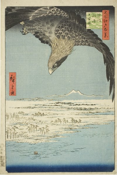 Fukagawa Susaki e Jumantsubo (Fukagawa Susaki Jumantsubo), dalla serie "Cento vedute famose di Edo (Meisho Edo hyakkei)" da Utagawa Hiroshige